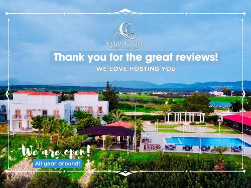 ein Bild eines Resorts mit den Worten Danke für die tollen Bewertungen in der Unterkunft Celebi Garden Hotel - Cittaslow Retreat in Famagusta