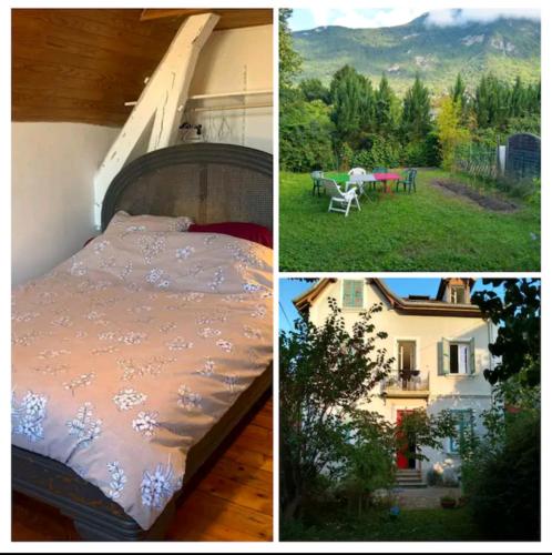 two pictures of a bed and a house with a yard at Colocation proche fac de médecine in La Tronche