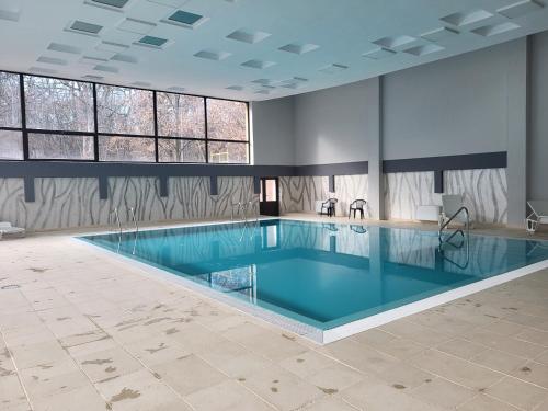 a large swimming pool with blue water in a building at Hotel Padis in Baile Felix