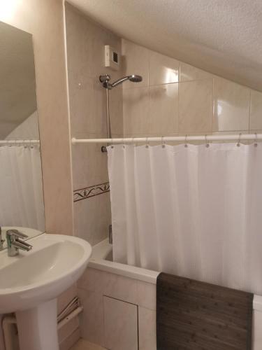 a bathroom with a sink and a shower curtain at Belle maison spacieuse proche Genève et CERN in Saint-Genis-Pouilly