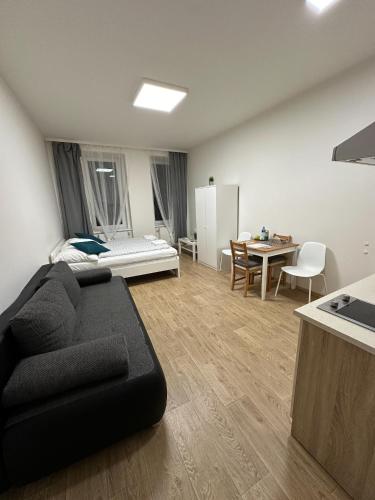 a living room with a black couch and a table at Haas Apartments Downtown with Parking in Brno