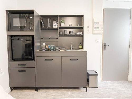 une cuisine avec un évier et un micro-ondes dans l'établissement Studio Jungle N2, à Aleçon