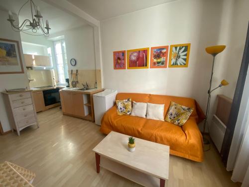 un salon avec un canapé orange et une cuisine dans l'établissement Les Platanes - Monnet Rez de chaussée, à Lamalou-les-Bains
