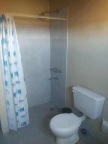 W łazience znajduje się biała toaleta i prysznic. w obiekcie Casa Rosa w mieście Balneario Claromecó