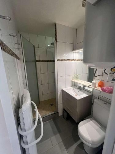 une salle de bain avec toilettes et lavabo dans l'établissement Appartement T2, 4 personnes, climatisé, avec piscine, Village de la Mer, à La Londe-les-Maures