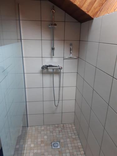 a shower with a hose in a tiled bathroom at Gite les Myosotis in Saint-Jean-Saint-Nicolas