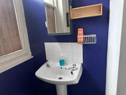 a bathroom with a white sink and a blue wall at Goswell Road Studio for 3 - Central London Retreat in London