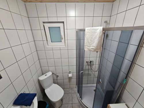 łazienka z toaletą i prysznicem w obiekcie Czerwone Domki Wartowo w mieście Kołczewo
