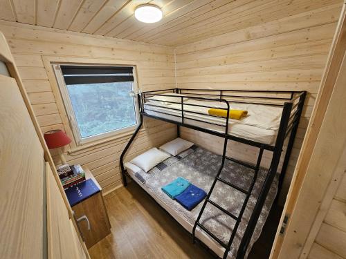 a small room with two bunk beds in it at Czerwone Domki Wartowo in Kołczewo