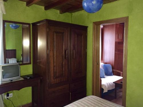 Apartamentos Rurales Casa Ron في Coaña: غرفة نوم بجدران خضراء وسرير وتلفزيون