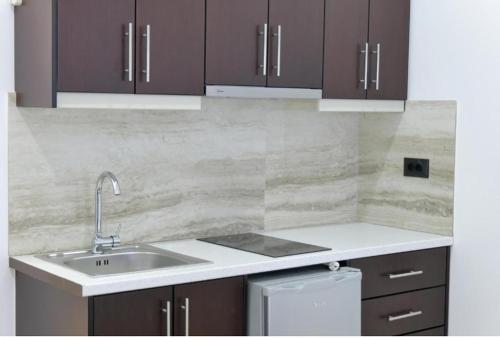 a kitchen with brown cabinets and a sink at Lux Apartments in Ksamil