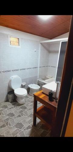 Home La Pampa في بويرتو إجوازو: حمام مع دورتين مياه وطاولة خشبية