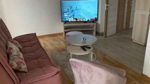 a living room with a couch and a tv at Zvezda 2 Zlatar in Nova Varoš