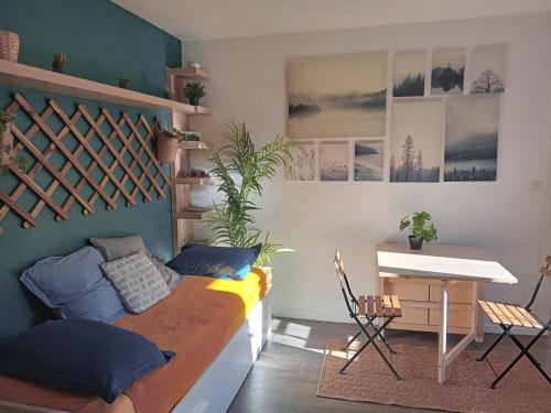 une chambre avec un lit, une table et des chaises dans l'établissement Appartement calme, hyper centre., à Clermont-Ferrand
