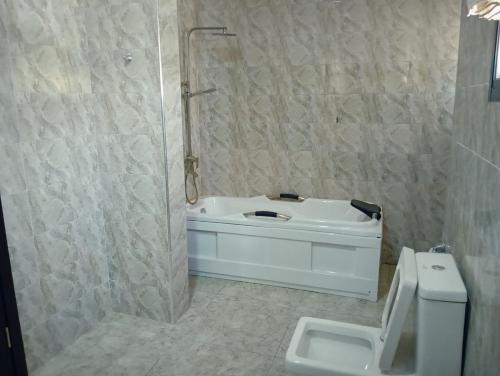 ein Bad mit einer Dusche, einem Waschbecken und einem WC in der Unterkunft Frontline Homes & Suites in Lekki