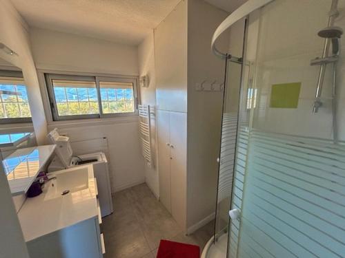 une salle de bain avec douche et lavabo dans l'établissement Appartement T2 rénové, proche plage, parking sécurisé - FR-1-388-154, à Argelès-sur-Mer