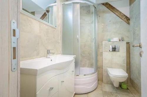 y baño con lavabo, ducha y aseo. en Double bedroom apartment in Belgrade en Belgrado