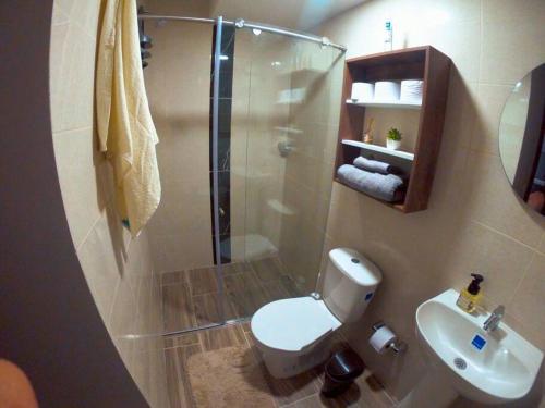 a bathroom with a shower and a toilet and a sink at Apto Increíble en ubicación privilegiada. in Ibagué