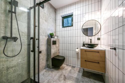 y baño con ducha, lavabo y espejo. en Heban Forest Cabin&SAUNA Starlink en Tomczyn