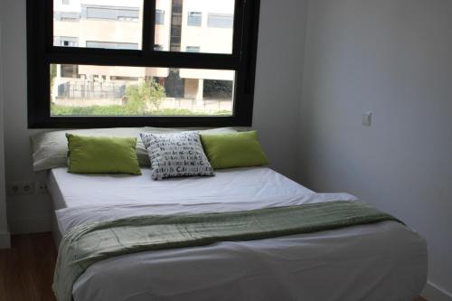 Cette chambre comprend un lit avec des oreillers verts et une fenêtre. dans l'établissement Reverdecer 2, à Madrid