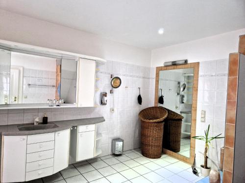 eine weiße Küche mit einem Waschbecken und einer Dusche in der Unterkunft Hotel Fährhaus Niederkleveez in Bösdorf