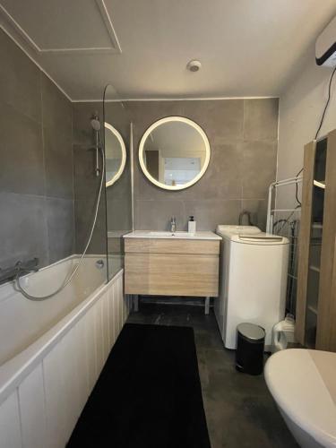a bathroom with a sink and a mirror at Gîte Le Duplex - 5min de la gare - Hypercentre in Phalempin