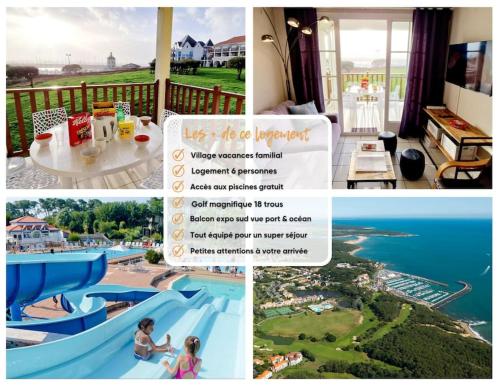 un collage de photos d'un complexe avec une piscine dans l'établissement 