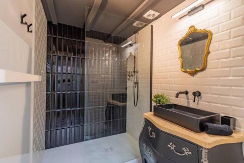 un baño con lavabo y ducha en Le Lodge des Villettes, en Jouy-le-Moutier