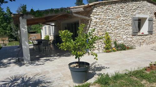 un pot en face d'une maison en pierre dans l'établissement Chambre blanche, à Saint-Quentin-la-Poterie