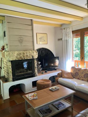 ein Wohnzimmer mit Couch und Kamin in der Unterkunft Chalet de charme in Montfort-sur-Boulzane