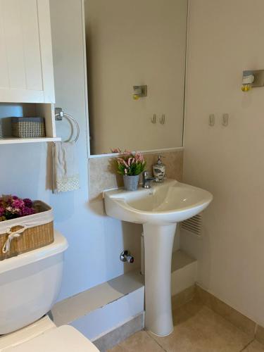 a bathroom with a white sink and a toilet at Departamento nuevo y acogedor in Villarrica