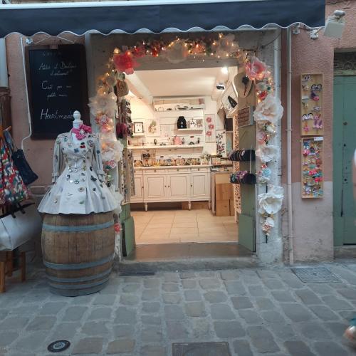 een winkelingang naar een winkel met een keuken op de achtergrond bij Le petit nid in Pézenas