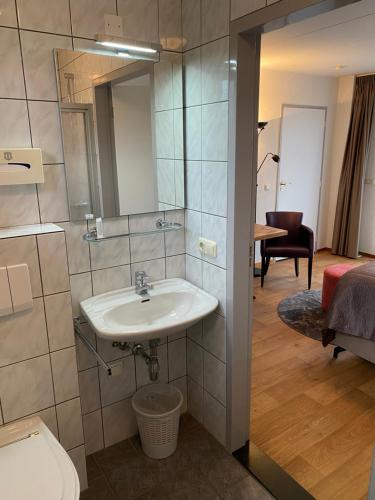 een badkamer met een wastafel en een toilet bij Hotelkamer Bellevue in Simpelveld
