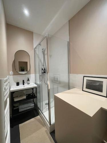 une salle de bain avec douche et lavabo dans l'établissement Marais - Quiet one-bedroom decorated with taste, à Paris
