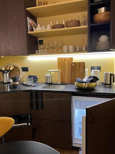 une cuisine avec un évier et un plan de travail dans l'établissement Marais - Unique duplex decorated with taste, à Paris