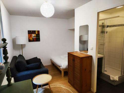 a living room with a blue couch and a shower at Charming apartment downtown Bordeaux in Bordeaux