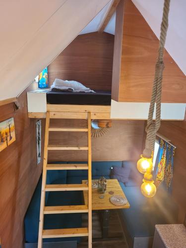 杜柏的住宿－Bungalow Belle Vue en Tiny-house - Camping International - Bomal - Durbuy，带双层床和梯子的客房