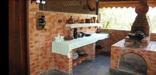 a brick wall with a fireplace in a kitchen at HOTEL FAZENDA CANARIO DA TERRA in Rio Novo
