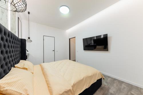 a bedroom with a bed and a tv on the wall at Luxury Apartments Laborca in Uzhhorod