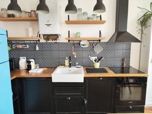 - une cuisine avec des placards noirs et un évier blanc dans l'établissement Charming apartment Bordeaux center, à Bordeaux