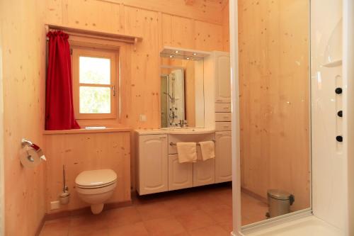 ein Bad mit einem WC, einem Waschbecken und einer Dusche in der Unterkunft Alpenchalets Hotel Lambach in Seebruck