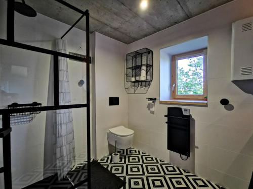 a bathroom with a shower and a toilet and a window at L'œil des Bois - Gîte Familial - Vue panoramique in Lapte