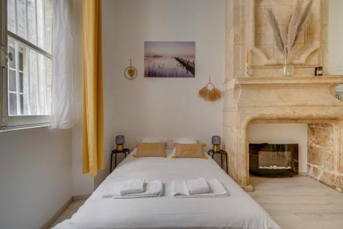 a bed in a room with a fireplace at Charming hypercentre apartment Bordeaux in Bordeaux