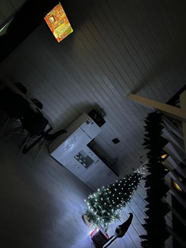 a christmas tree in a living room with a clock at Шале WeLKoMe in Verkhovyna