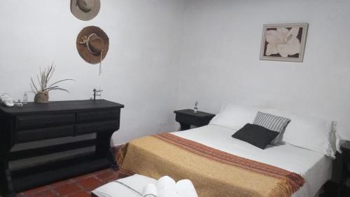 een slaapkamer met een bed en een dressoir bij La Posada de los Vallistos - Casa de Campo en El Mollar Chicoana 