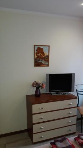 eine Kommode mit einem TV darüber in der Unterkunft Green Park Domina apartment in Riga