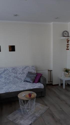 ein Wohnzimmer mit einem Bett und einem Tisch in der Unterkunft Green Park Domina apartment in Riga