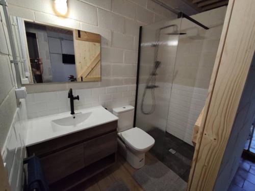 a bathroom with a toilet and a sink and a shower at Playa de Carnota Lofts in Pedrafigueira