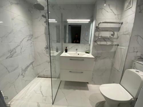 La salle de bains est pourvue de toilettes, d'un lavabo et d'une douche. dans l'établissement VIRBI, à Tallinn