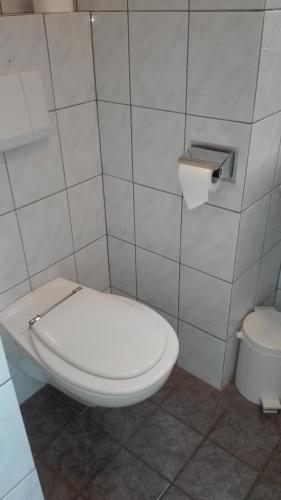 a bathroom with a white toilet and a toilet paper dispenser at Bellevue appartementen in Simpelveld